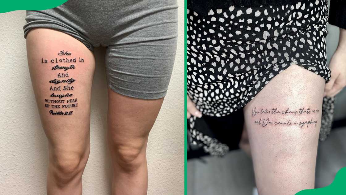 Quotes thigh tattoos.