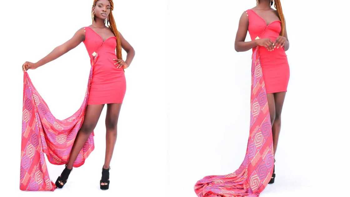 Red bodycon dress with kente inspired silk ornament and drape Red bodycon dress with kente inspired silk ornament and drape