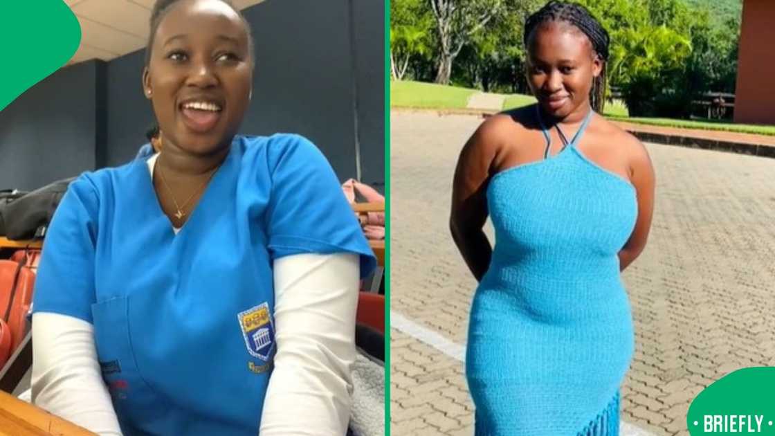 The visual on the right captured the new dentist posing in a blue dress