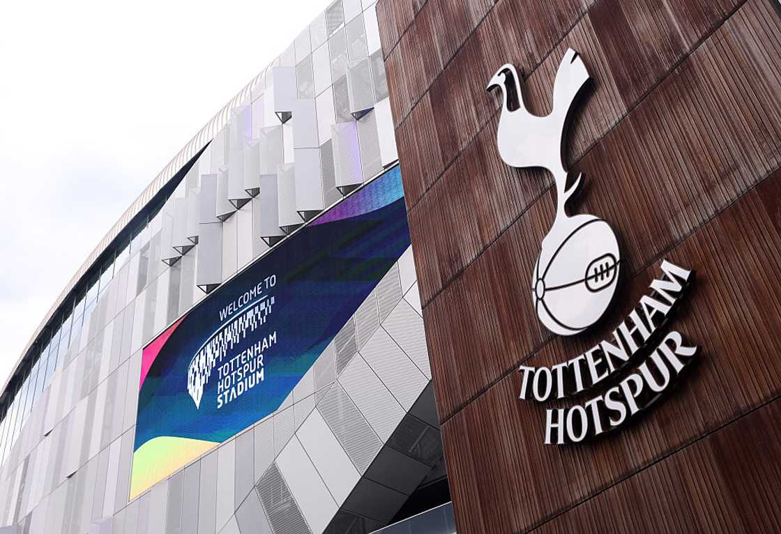 Detailed view of the Tottenham Hotspur club badge outside the stadium. Detailed view of the Tottenham Hotspur club badge outside the stadium.