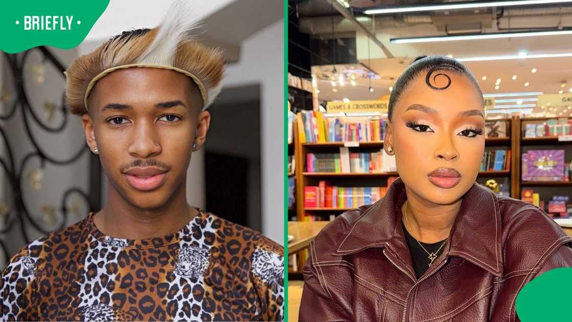 Cyan Boujee on the right posing behind a book store