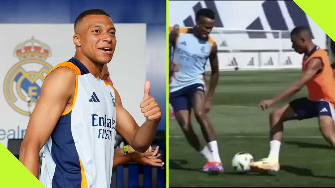 Kylian Mbappe delightfully nutmegs Eder Militao during Real Madrid training session