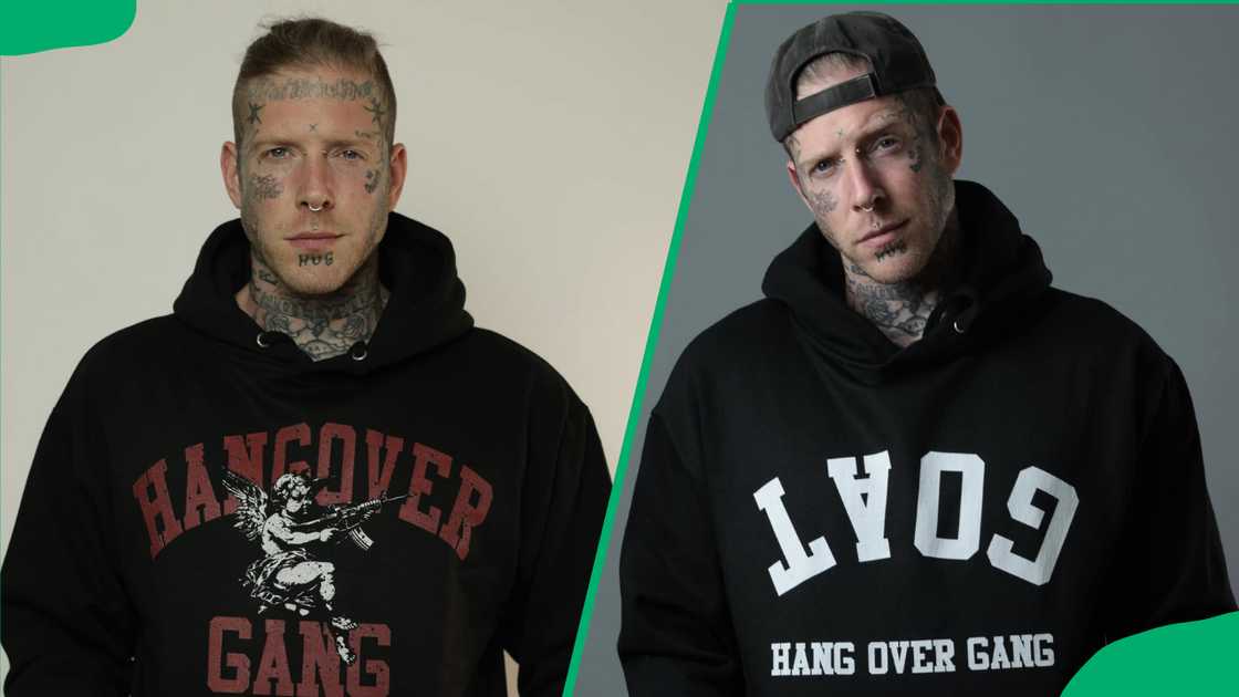 Tom MacDonald wearing his merch, black branded hoodies Tom MacDonald wearing his merch, black branded hoodies