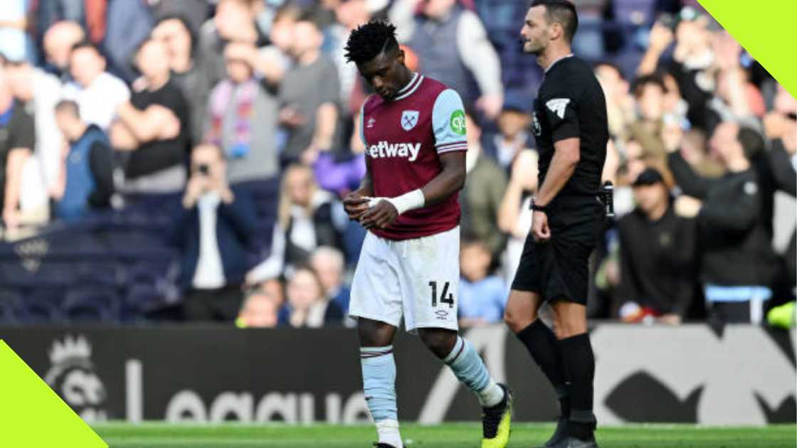 Mohammed Kudus walks off after being red carded.