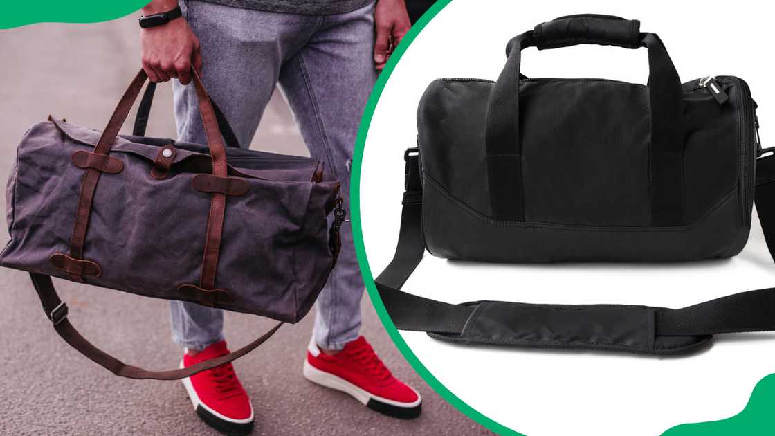 A man with a duffel bag (L). Black duffel bag with handles and shoulder strap isolated (R). A man with a duffel bag (L). Black duffel bag with handles and shoulder strap isolated (R).