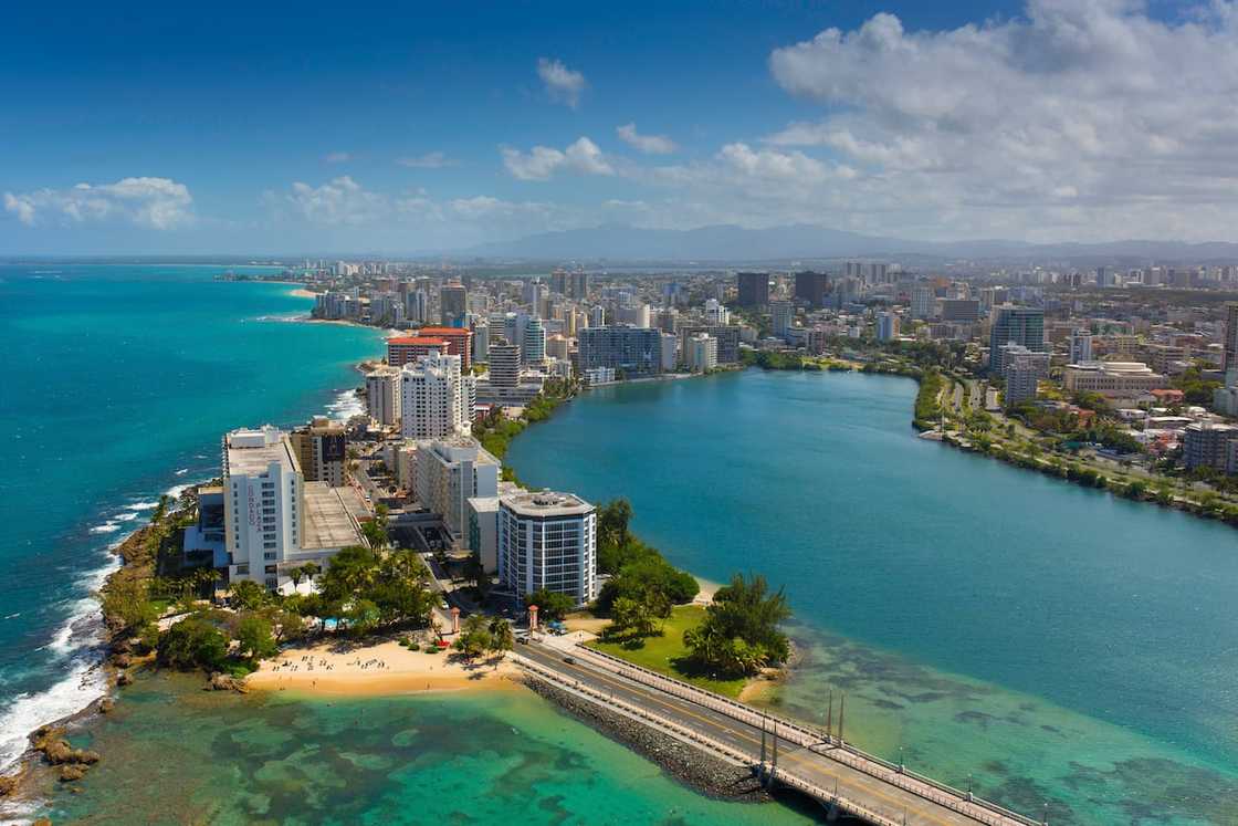 Hotels line Condado Lagoon and the Atlantic Ocean in San Juan