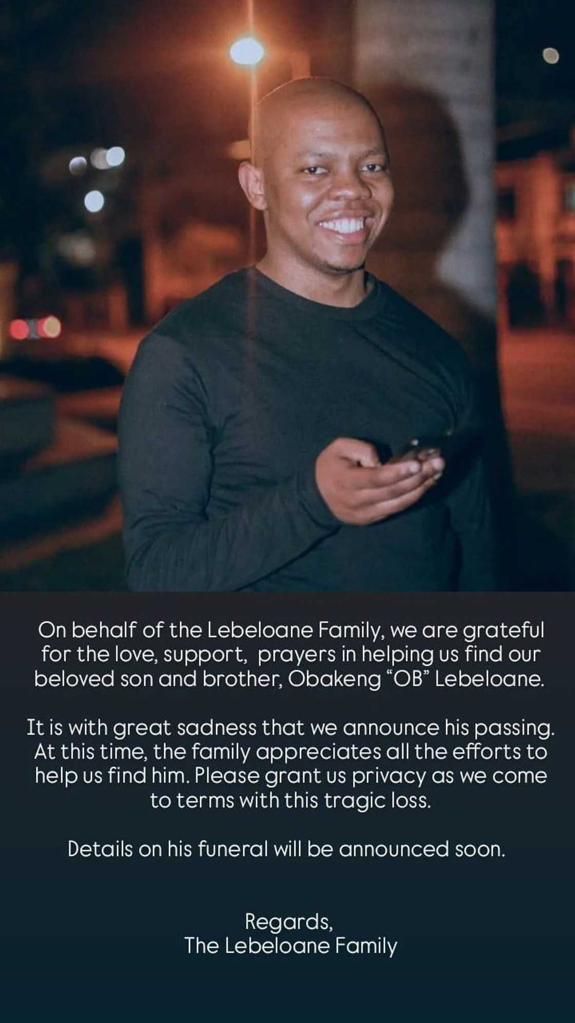 Obakeng Lebeloane’s family has confirmed that he passed away