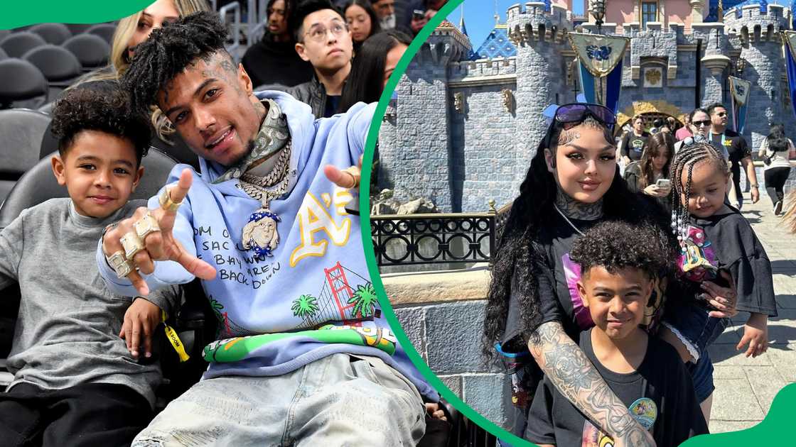 Blueface and his son Javaughn J. Porter attend a basketball game (L), and Jaidyn Alexis with Javaughn and Journey on a trip (R)