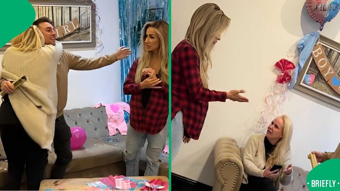 Soone-to-be parents and a mother-in-law at a gender reveal party. Soone-to-be parents and a mother-in-law at a gender reveal party.