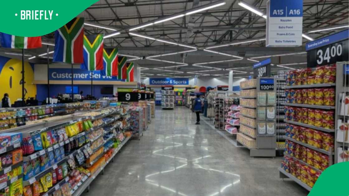 The interior of the Walmart store in South Africa featured wide walkways, organised product displays, and a clean, modern layout that reflected a busy retail environment