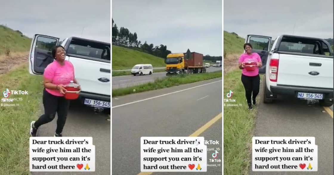 TikTok user @buzani_15 shared a video of a woman parking on the side of the highway to give her man a warm meal TikTok user @buzani_15 shared a video of a woman parking on the side of the highway to give her man a warm meal
