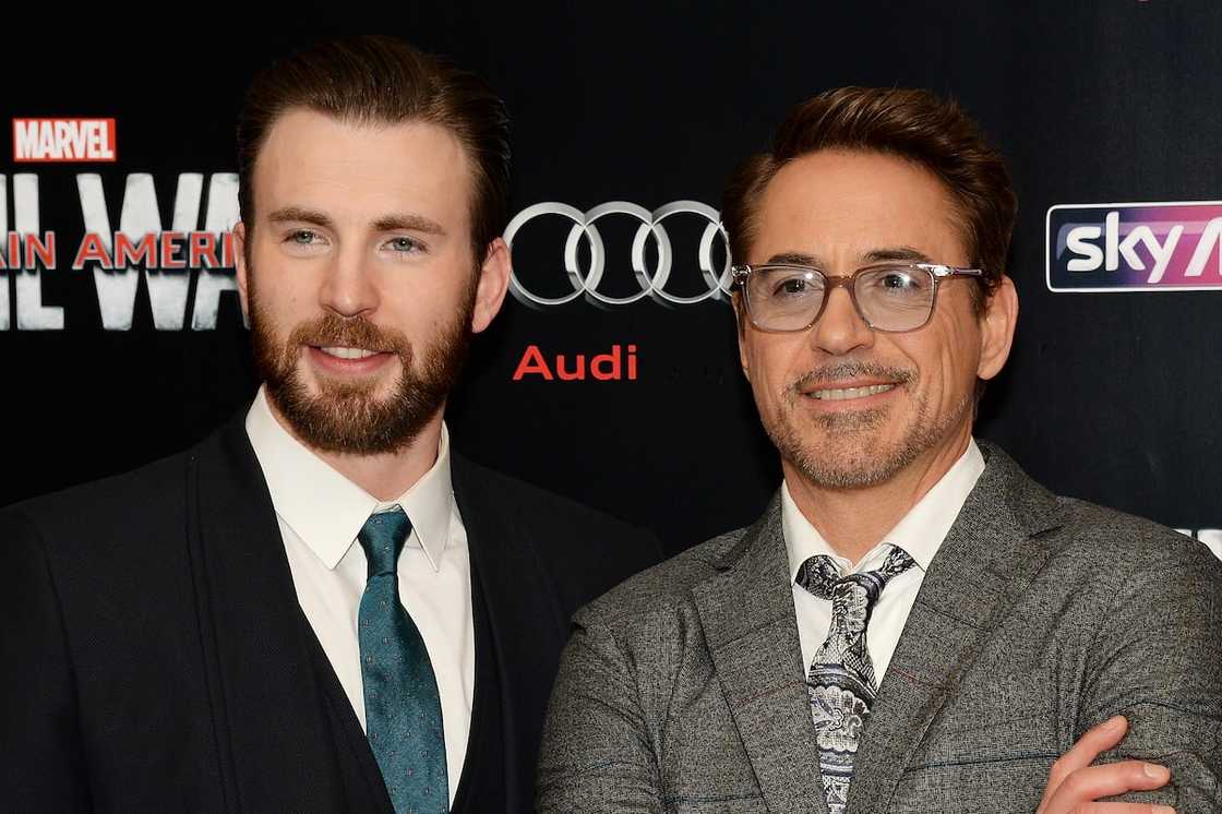 MCU stars Robert Downey Jr. and Chris Evans during the European film premiere of Captain America: Civil War at Vue Westfield on 26 April 2016 in London.