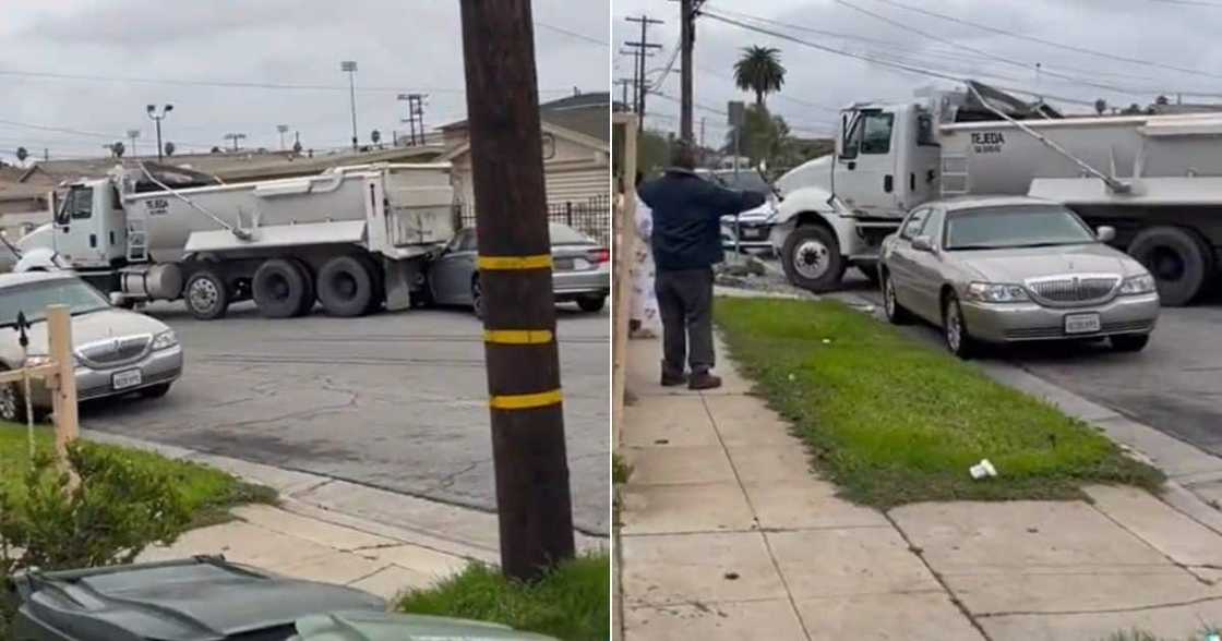 Truck crashes into smaller vehicle Truck crashes into smaller vehicle