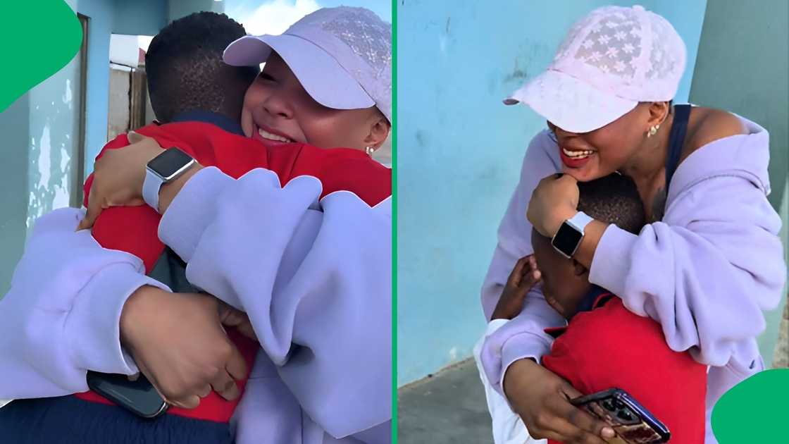 The mother hugged her son tightly as tears fell down her face