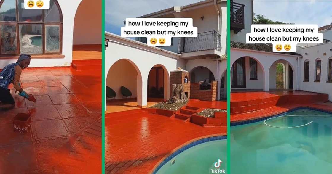 A woman polished her massive red stoep A woman polished her massive red stoep