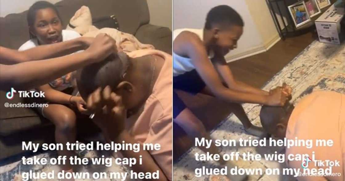 Son helps mom with wig cap stuck on head Son helps mom with wig cap stuck on head