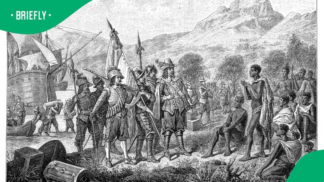 An illustration of Jan van Riebeeck and Dutch settlers talking to indigenous South Africans. An illustration of Jan van Riebeeck and Dutch settlers talking to indigenous South Africans.