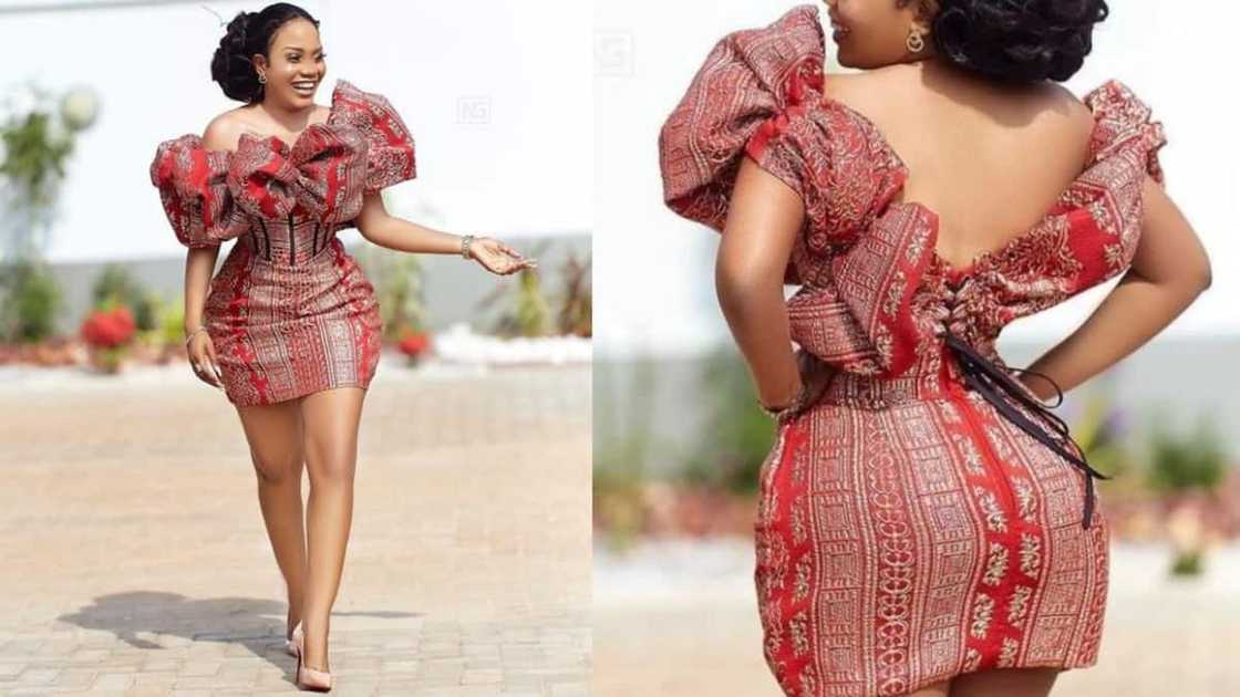 Short gown with ruffled bodice and plunging back V-neckline Short gown with ruffled bodice and plunging back V-neckline