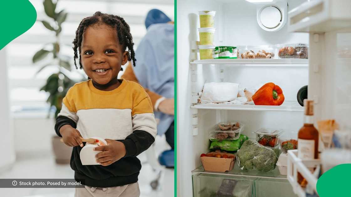 A little boy stood on top of his yoghurt packs A little boy stood on top of his yoghurt packs