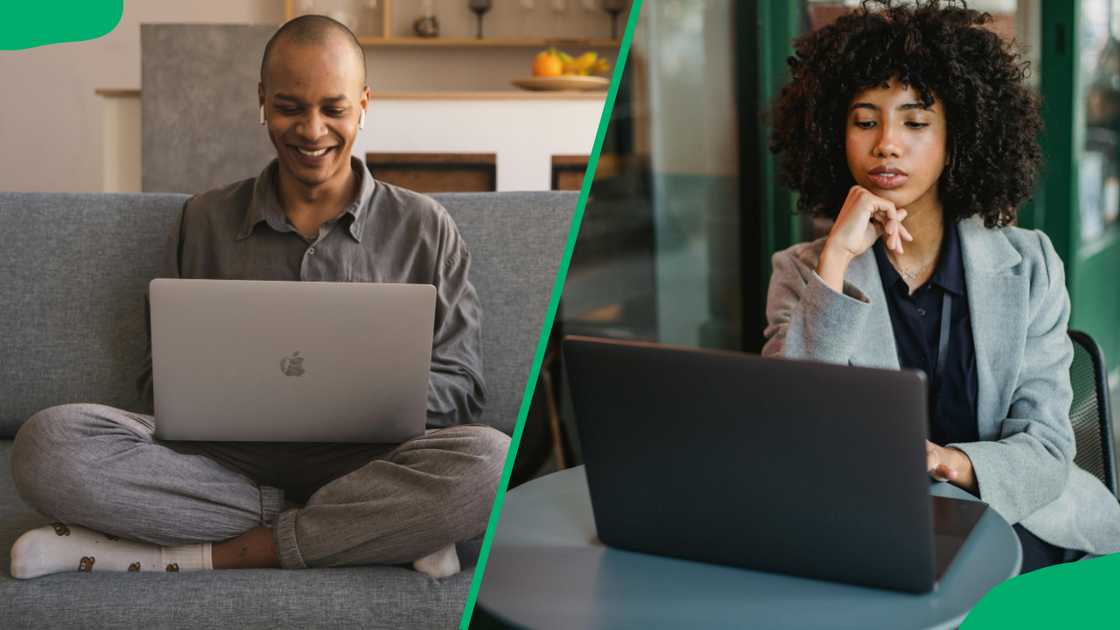 A man and a woman using laptops A man and a woman using laptops