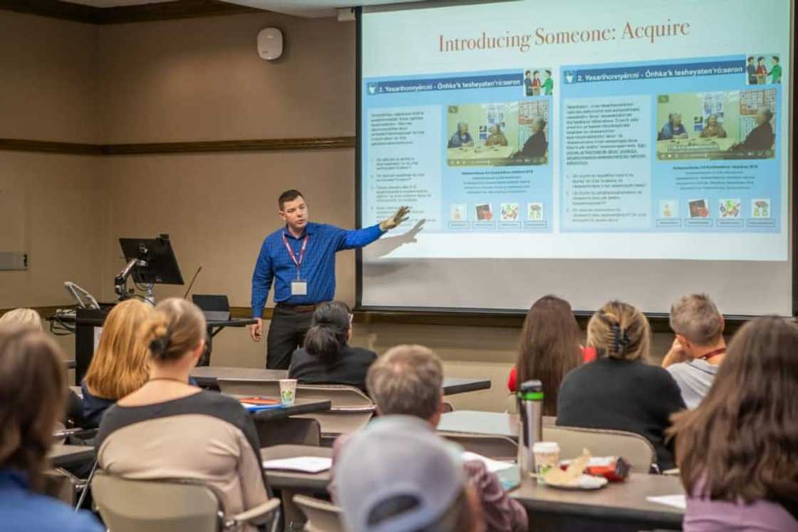 Attendees listen during the ICILDER 2023 Conference (International Conference on Indigenous Language Documentation, Education, and Revitalization) in Bloomington, Indiana, on October 13, 2023