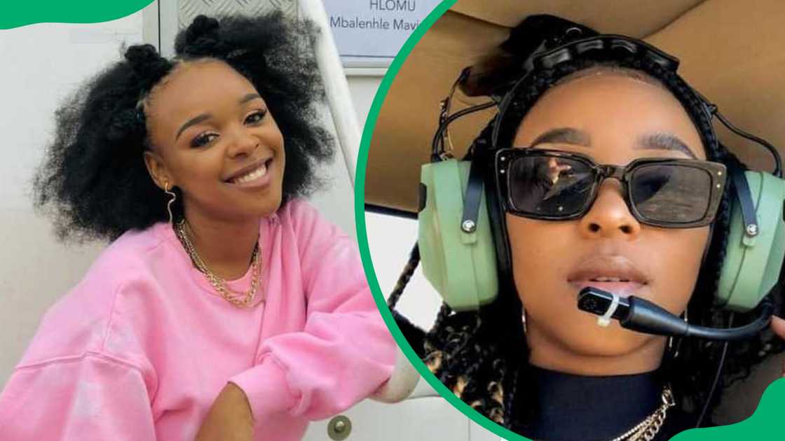 Mbalenhle Mavimbela posing with a pink hoodie and an aviation headset in a helicopter. Mbalenhle Mavimbela posing with a pink hoodie and an aviation headset in a helicopter.