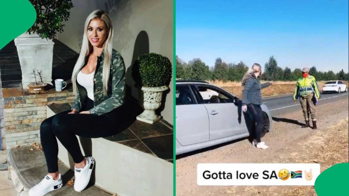 Woman and traffic cop dance on the side of the road Woman and traffic cop dance on the side of the road