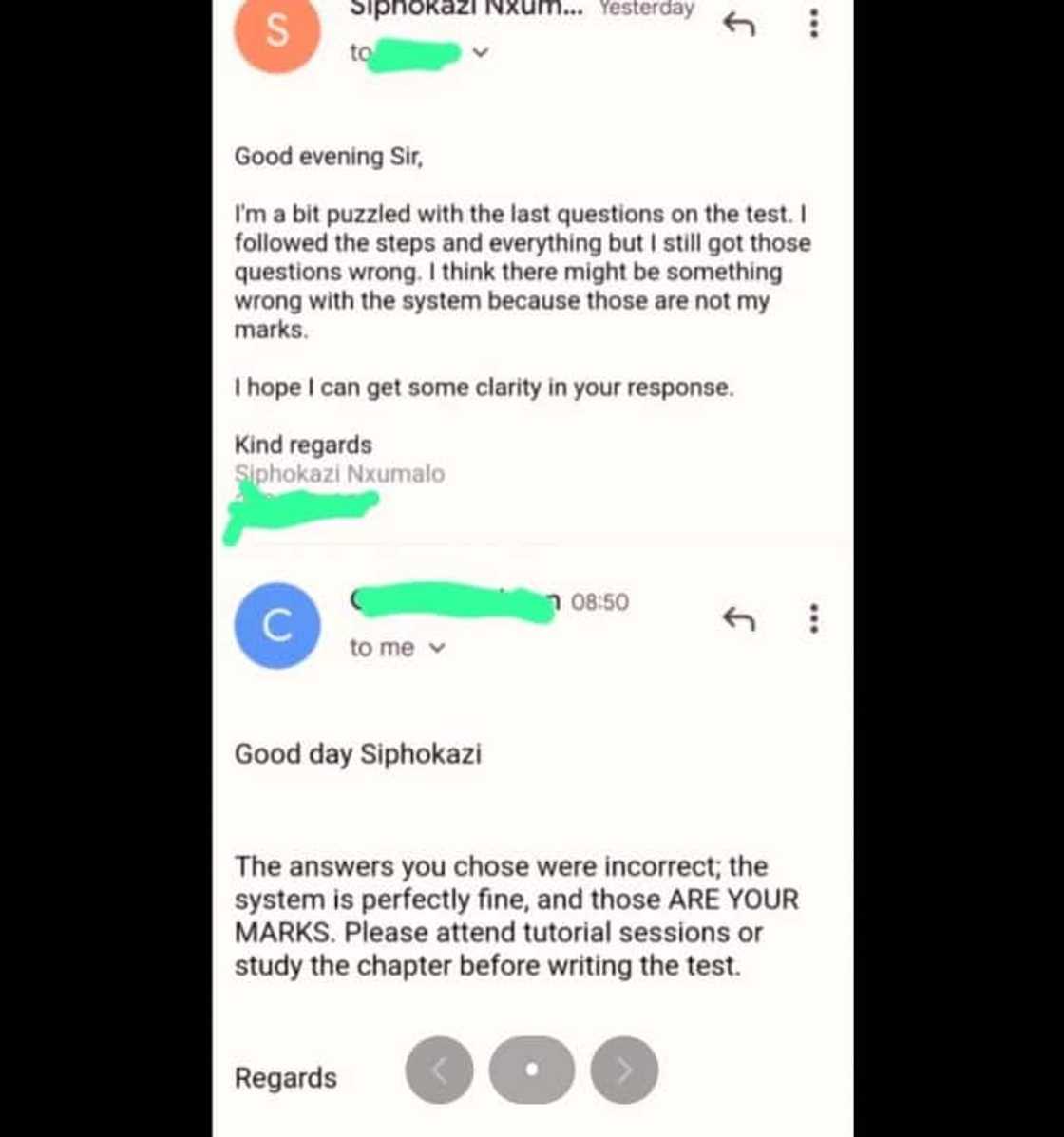 Screenshot of an email between a student and a lecturer. Screenshot of an email between a student and a lecturer.
