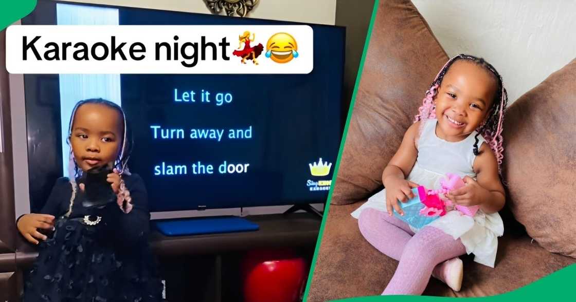 A young girl adorably sang her tune for her family during a karaoke night. A young girl adorably sang her tune for her family during a karaoke night.