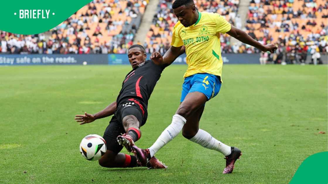 Orlando Pirates star Mbekezeli Mbokazi in action against Mamelodi Sundowns.