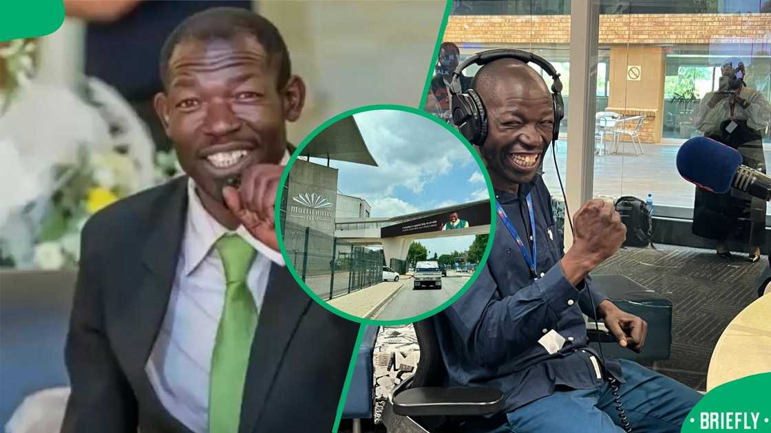The visual on the right showed Mr Sejobe doing a radio interview The visual on the right showed Mr Sejobe doing a radio interview