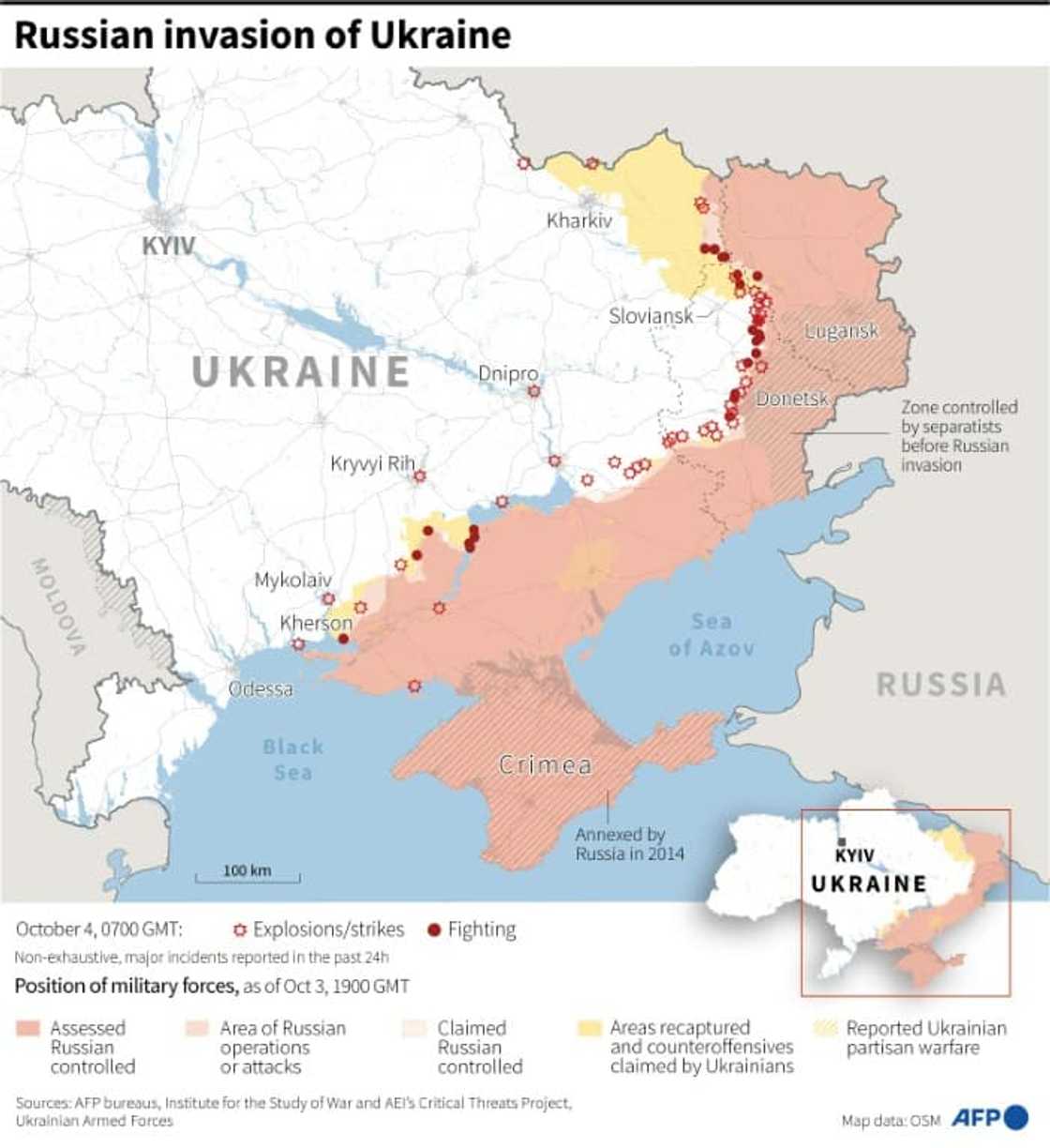 Map showing the situation in Ukraine, as of October 4, 2022 at 0700 GMT Map showing the situation in Ukraine, as of October 4, 2022 at 0700 GMT