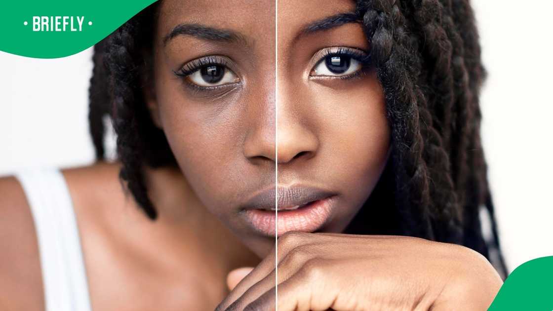 The photo contrasted one half of her natural complexion with a visibly lighter half The photo contrasted one half of her natural complexion with a visibly lighter half