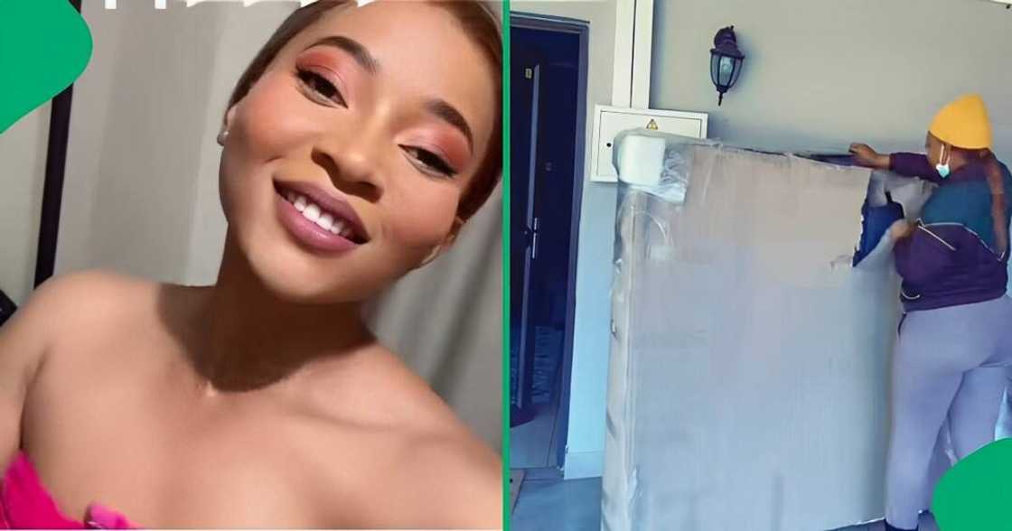 A TikTok video shows a woman unwrapping her headboard from Takealot.