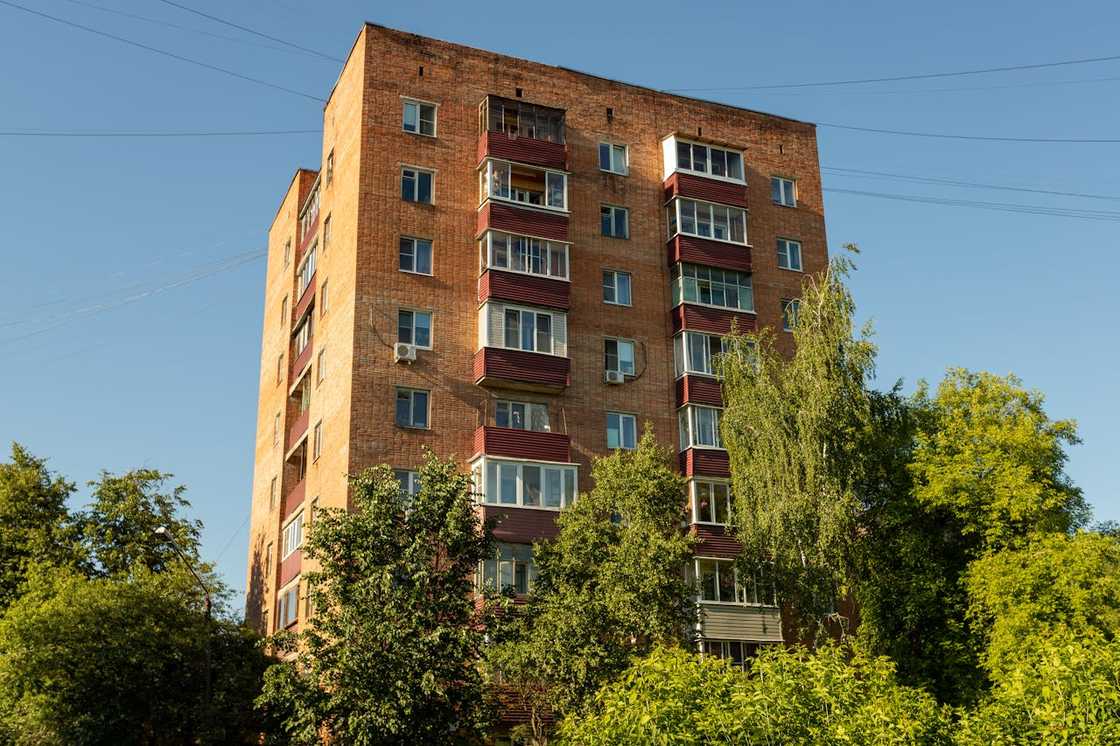 An old apartment block surrounded by trees in the daylight. An old apartment block surrounded by trees in the daylight.