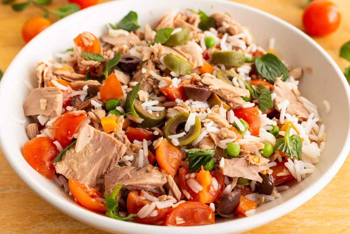 Bowl of tuna rice salad.