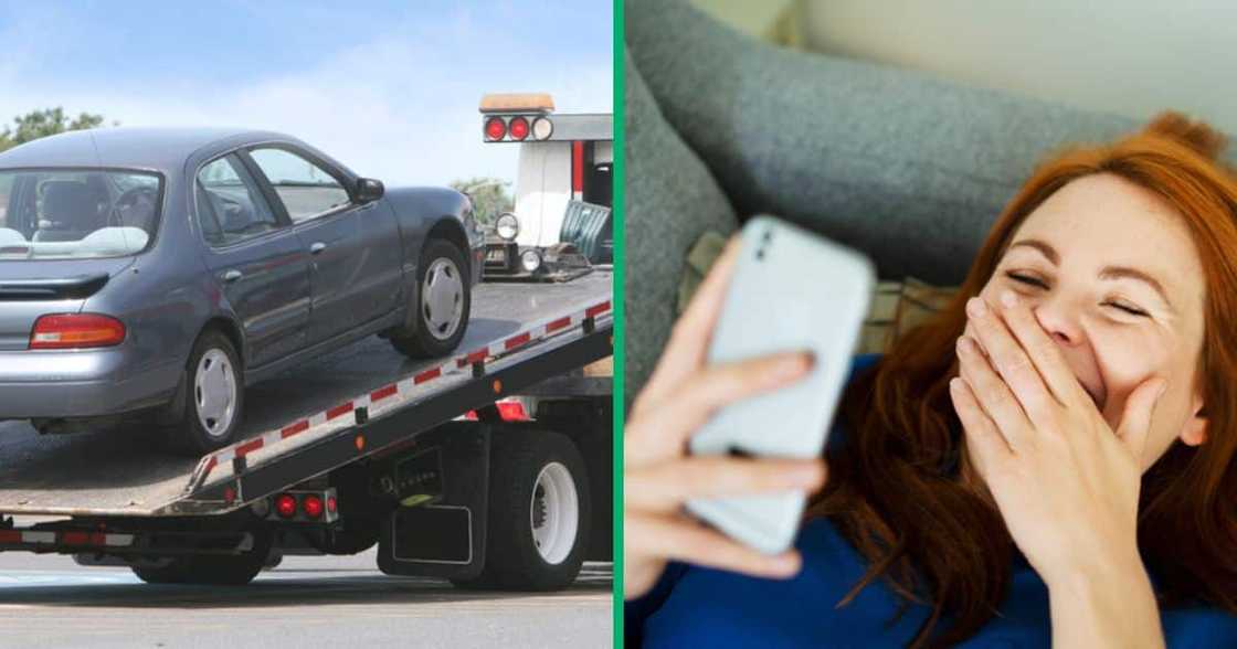 A TikTok video of a car driving away from a tow truck has gone viral. A TikTok video of a car driving away from a tow truck has gone viral.