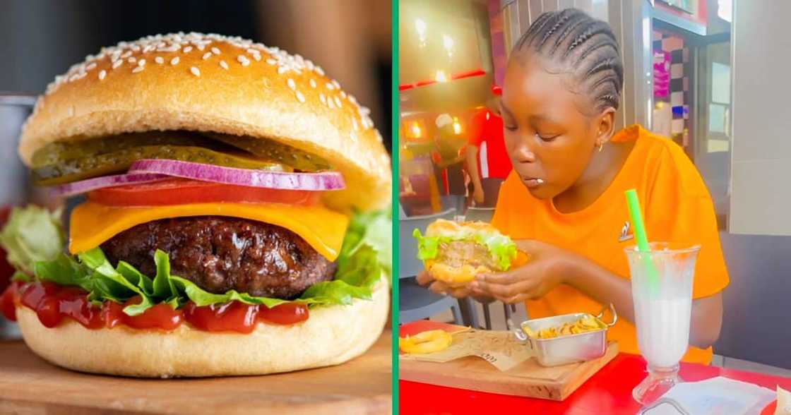 A TikTok video captured a woman hilariously struggling with a massive burger. A TikTok video captured a woman hilariously struggling with a massive burger.