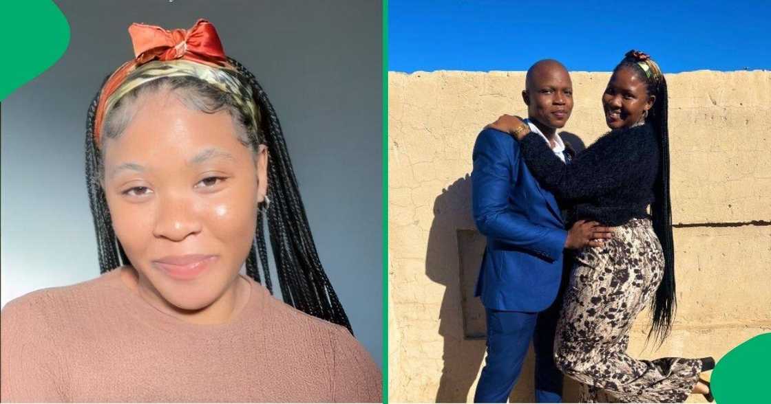 A woman showed her husband wearing her clothing. A woman showed her husband wearing her clothing.