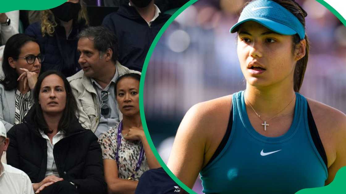 Ion Răducanu at the All England Lawn Tennis and Croquet Club in 2021 (L). Emma Raducanu at the Indian Wells Tennis Garden in 2023 (R)