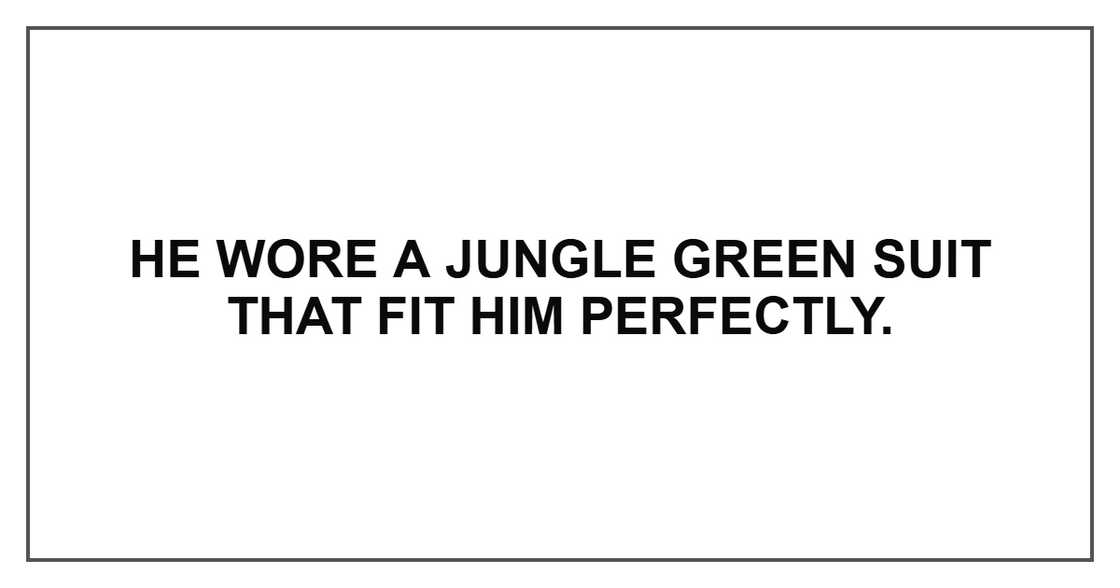 He wore a jungle green suit that fit him perfectly. He wore a jungle green suit that fit him perfectly.
