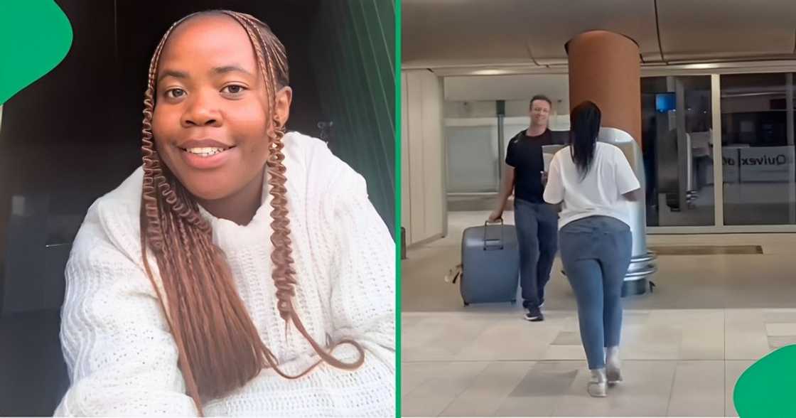 A South African woman showed off her airport reunion with her Tinder bae from Norway in a TikTok video. A South African woman showed off her airport reunion with her Tinder bae from Norway in a TikTok video.