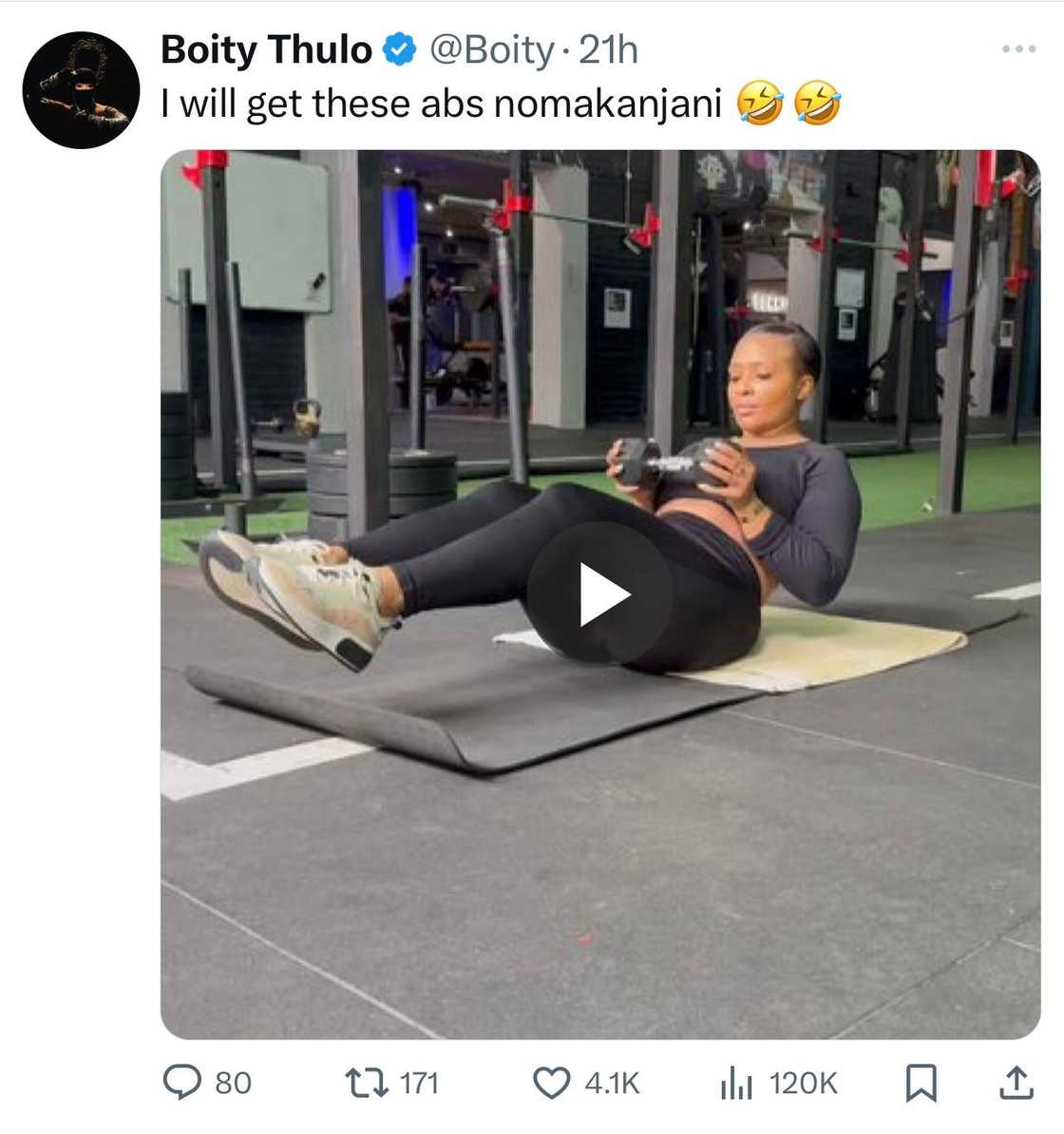 Boity Thulo is back at gym with a bang