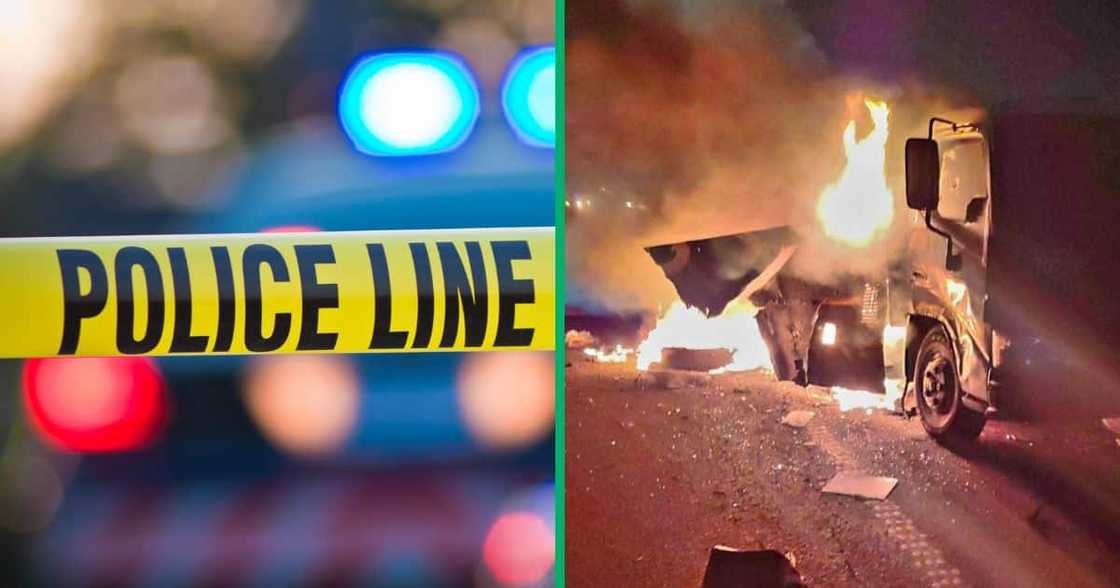 Collage of police tape and a burning armoured truck in Durban Collage of police tape and a burning armoured truck in Durban