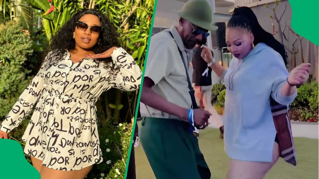 Phindile Gwala and a man dance seductively. Phindile Gwala and a man dance seductively.