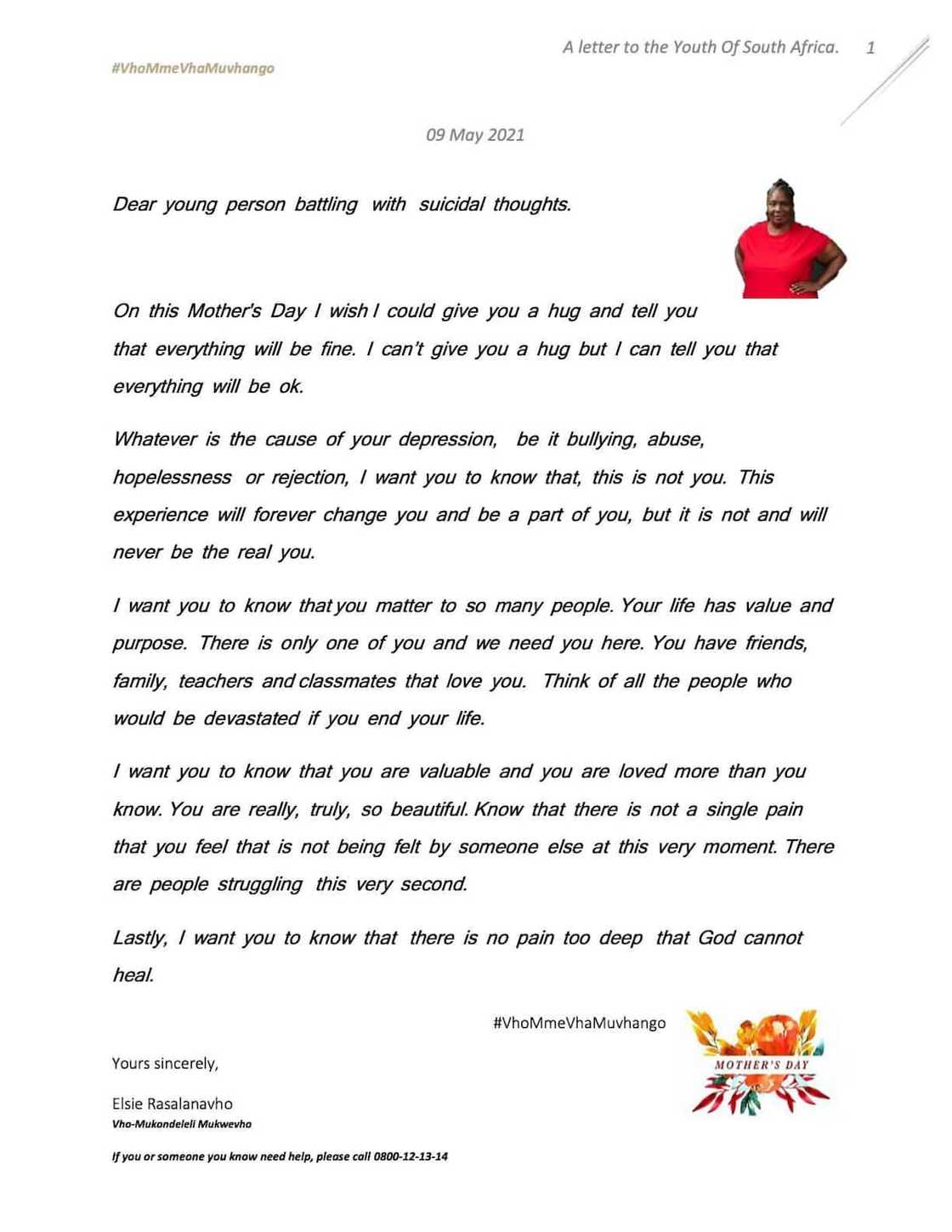 Muvhango mothers write letters to the youth in commemoration of Mother's Day