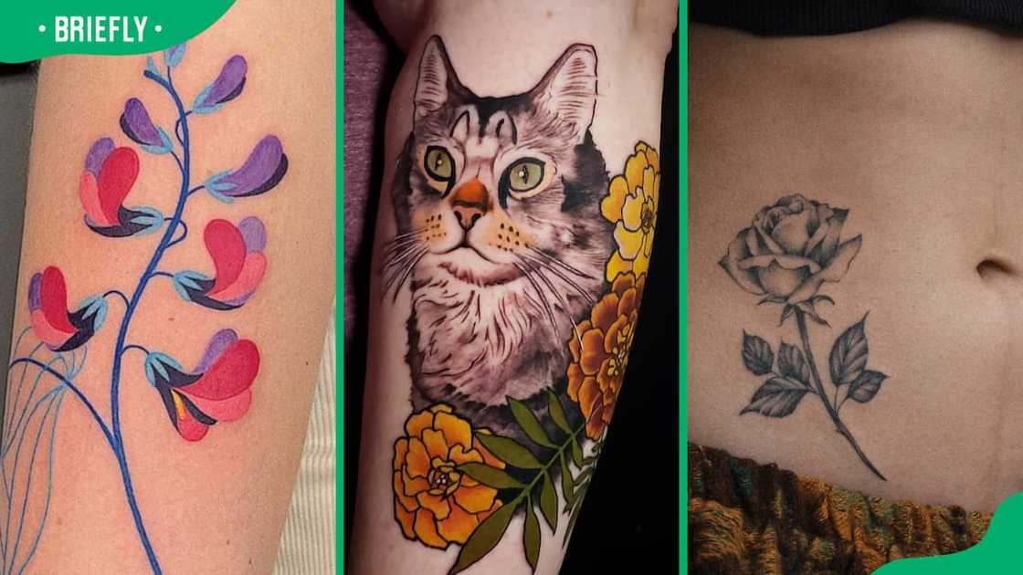 Sweet pea (L), cat & flower (C) and stomach flower tattoos (R) Sweet pea (L), cat & flower (C) and stomach flower tattoos (R)