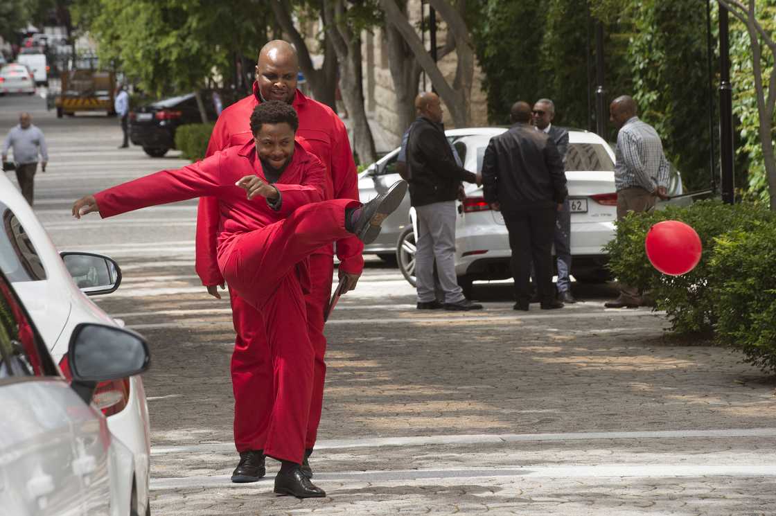 Mbuyiseni Ndlozi and Floyd Shivambu in EFF overalls Mbuyiseni Ndlozi and Floyd Shivambu in EFF overalls