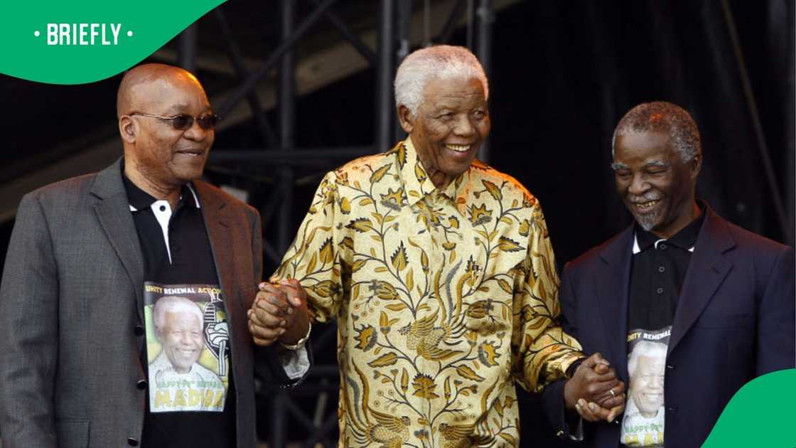Jacob Zuma, Nelson Mandela, and Thabo Mbeki on stage during the Mandela 90th birthday celebration. Jacob Zuma, Nelson Mandela, and Thabo Mbeki on stage during the Mandela 90th birthday celebration.