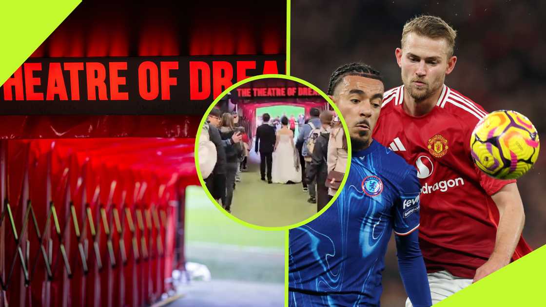 An adventurous couple opted for a football-centered setting for their wedding, walking down the aisle at Manchester United's Old Trafford. An adventurous couple opted for a football-centered setting for their wedding, walking down the aisle at Manchester United's Old Trafford.